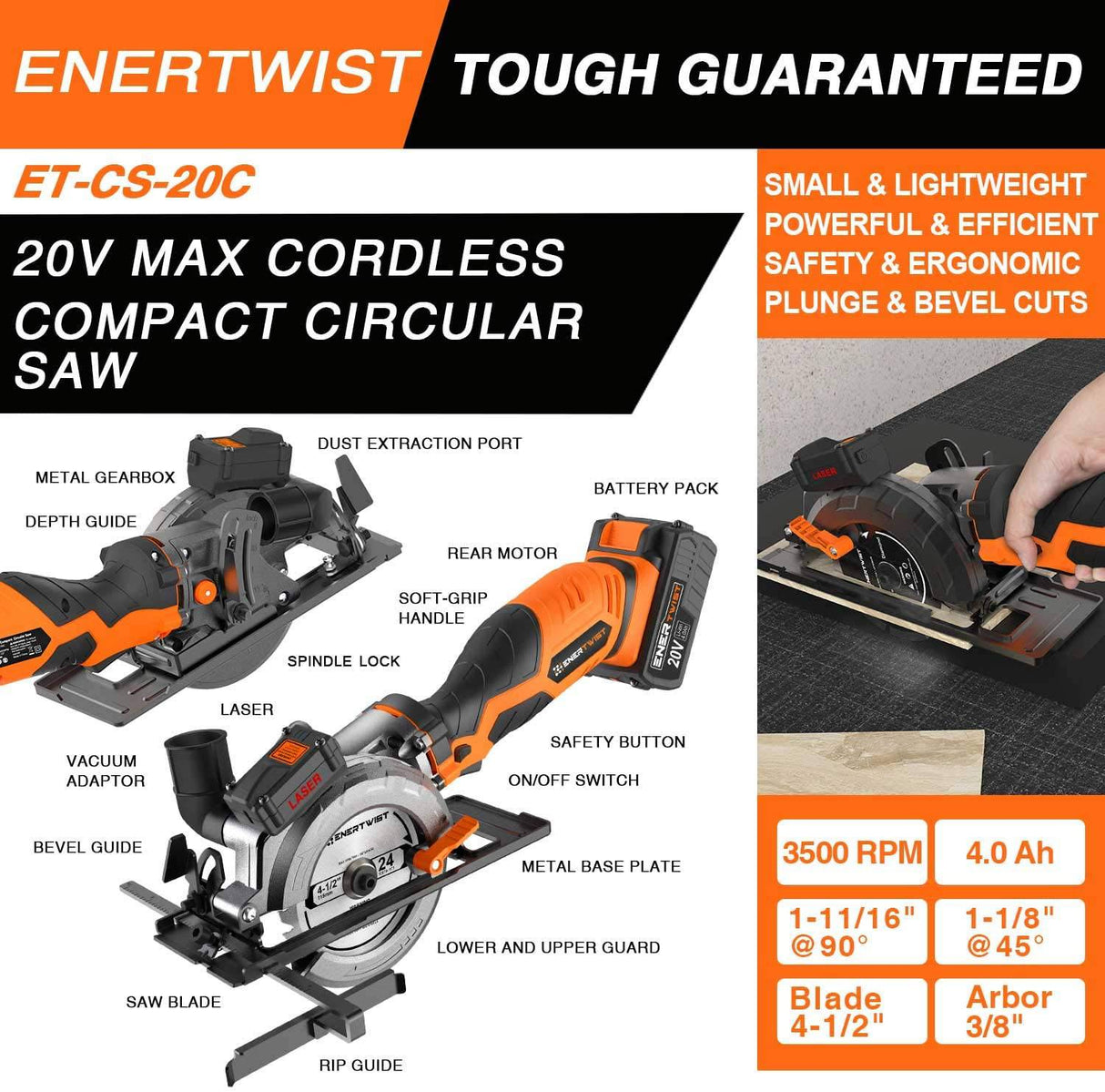 Sierra circular inalámbrica EnerTwist de 20 V máx. de 4-1/2" con batería de litio de 4,0 Ah y cargador, incluye láser y guía paralela, hojas de corte multifunción de metal blando de plástico para madera, adaptador de aspiradora, ET-CS-20C... - DIGVICE MX