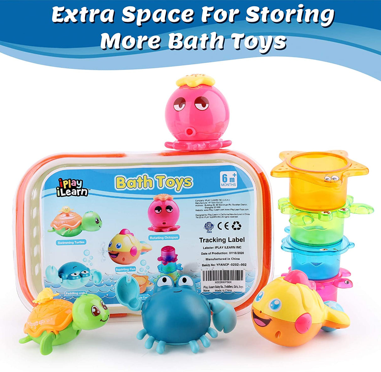iPlay, iLearn Juguetes de baño para bebés con organizador, pulpo que lanza chorros de agua, tortuga de natación con cuerda, bañera y ducha, vasos apilables - B07BSK7781