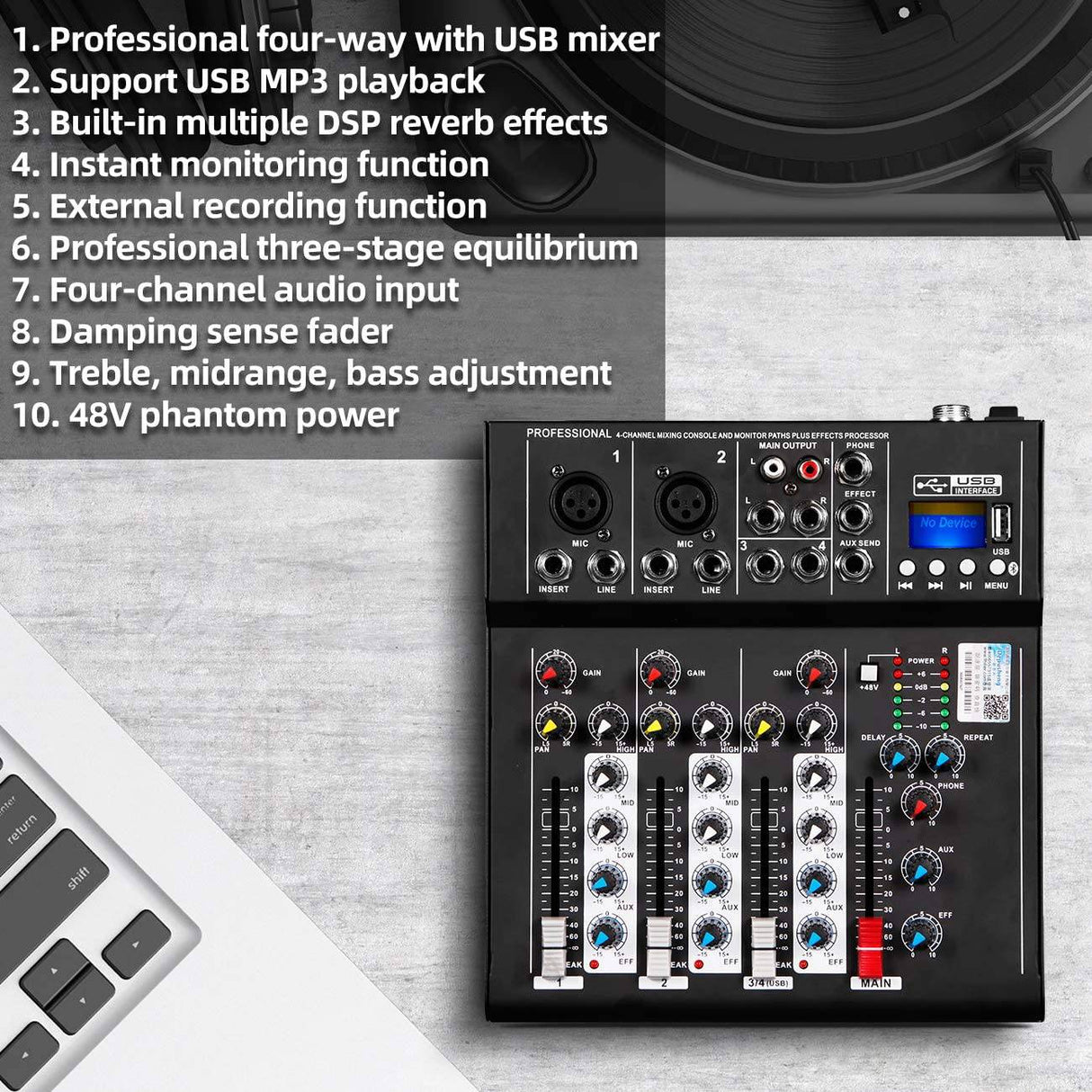 Depusheng HT4 Consola de DJ digital portátil profesional compatible con Bluetooth con mezclador de 4 canales USB Placas de mezcla de interfaz de audio para grabación de estudio, negro