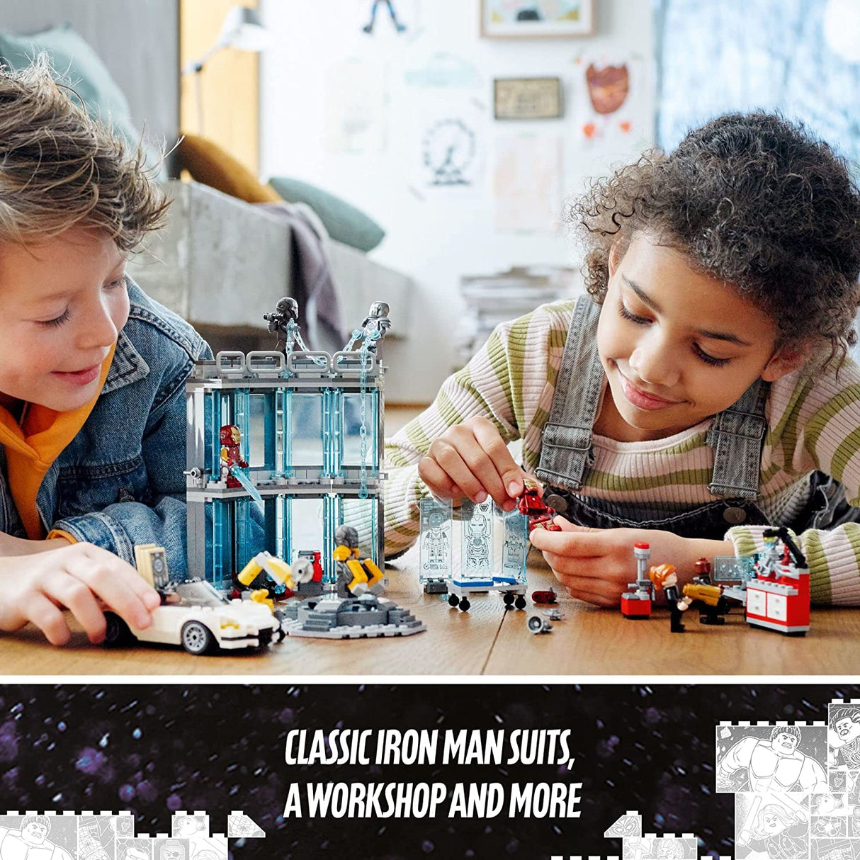 LEGO Marvel Iron Man Armory 76216 Juego de juguetes de construcción para niños, niños y niñas a partir de 7 años (496 piezas)