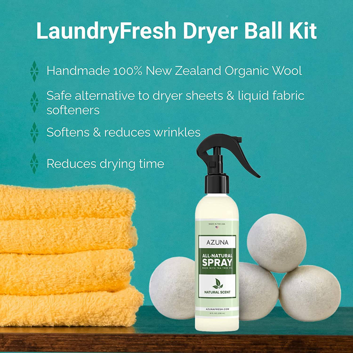Azuna LaundryFresh Kit de bola para secadora | Bolas de secadora de lana orgánica para lavandería, suavizante de telas totalmente natural, alternativa a la hoja de secadora | reutilizable y de larga duración | reducir las arrugas - DIGVICE MX