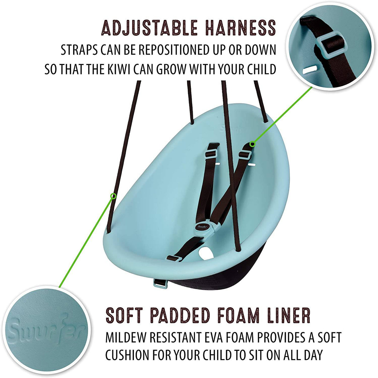 Swurfer Kiwi: el primer columpio de su hijo con diseño ergonómico de carcasa forrada de espuma, cuerda sin ampollas y arnés de seguridad de 3 puntos, a partir de los 9 meses - DIGVICE MX