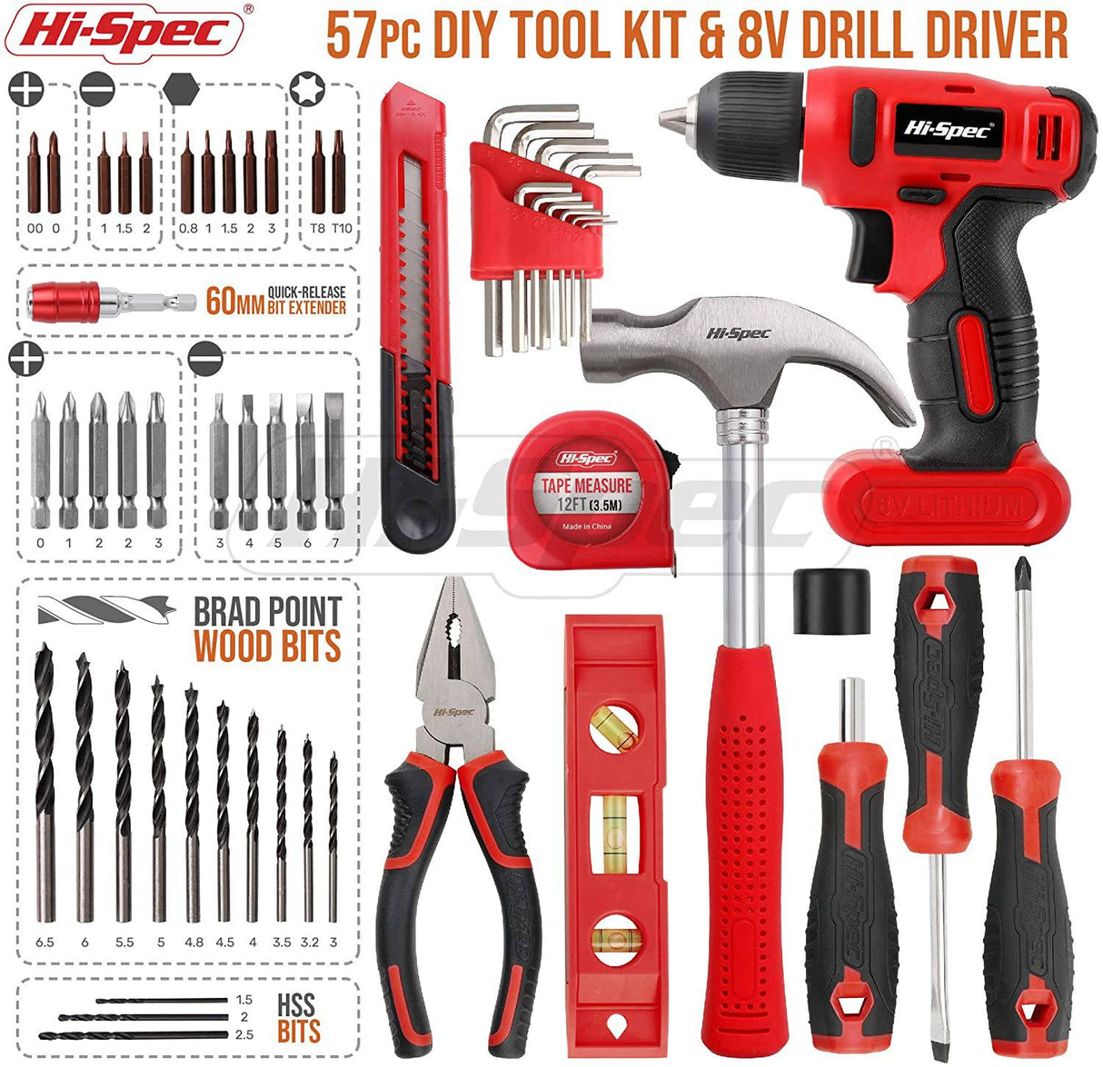 Kit Hi-Spec de 58 piezas con destornillador eléctrico de 8 V Power Drill y kit de herramientas de trabajo manual, color rojo Ligero, inalámbrico y recargable Juego completo en caja de herramientas de mano - DIGVICE MX