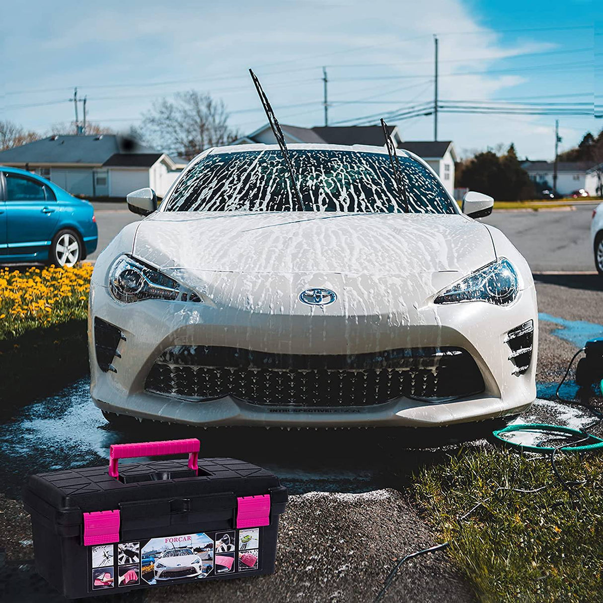 FORCAR - Juego de 29 herramientas de limpieza para coche con fregona de cepillo de mango largo de 41 pulgadas, raspador de agua extensible para ventana de barra larga, manopla de lavado, toallas grandes, caja de almacenamiento color rosa