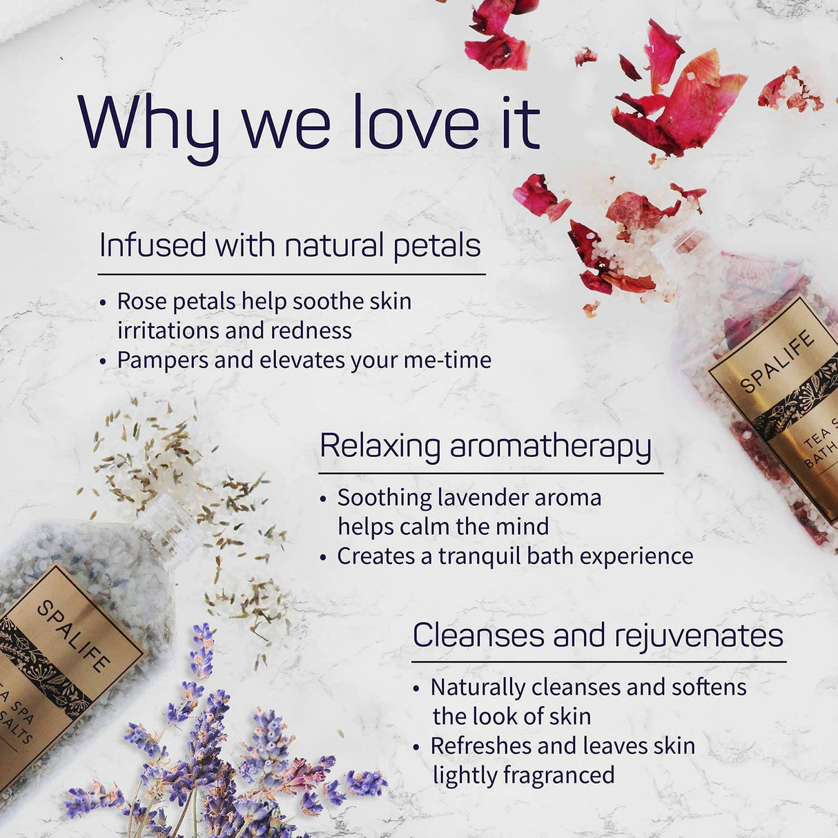 SpaLife Sales de baño minerales efervescentes con infusión de pétalos calmantes - 2 Paquete 17.6 oz. ea (lavanda y rosa)