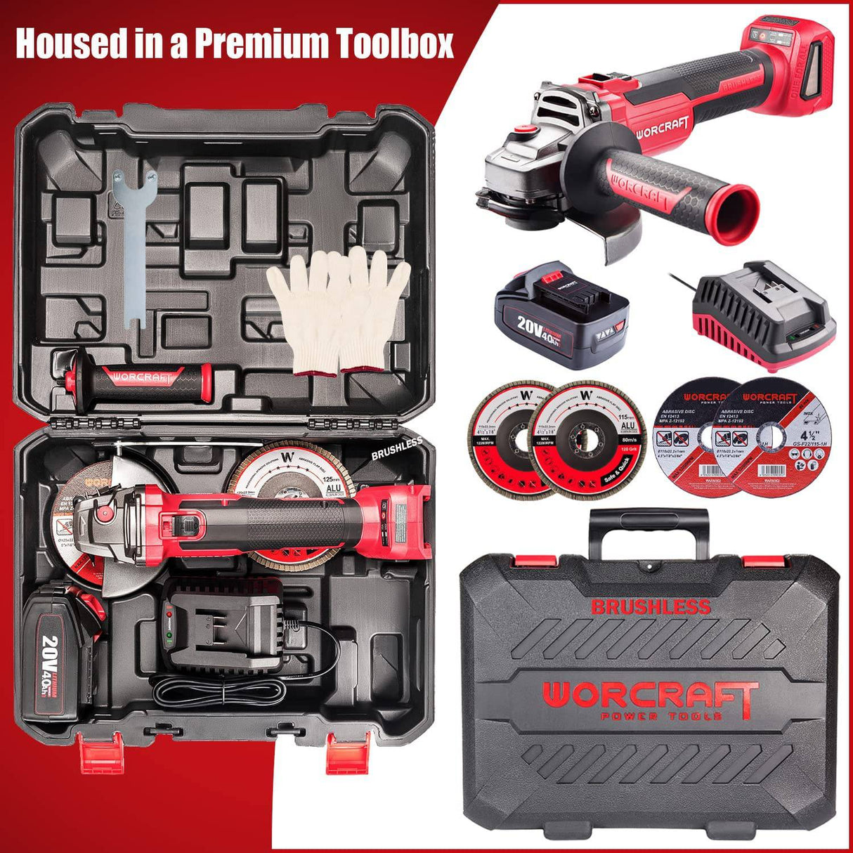 WORCRAFT Amoladora angular inalámbrica, motor sin escobillas, disco de 4-1/2", dos velocidades, batería de iones de litio de 20 V 4,0 Ah, viene con caja de herramientas, cargador y 4 discos - DIGVICE MX