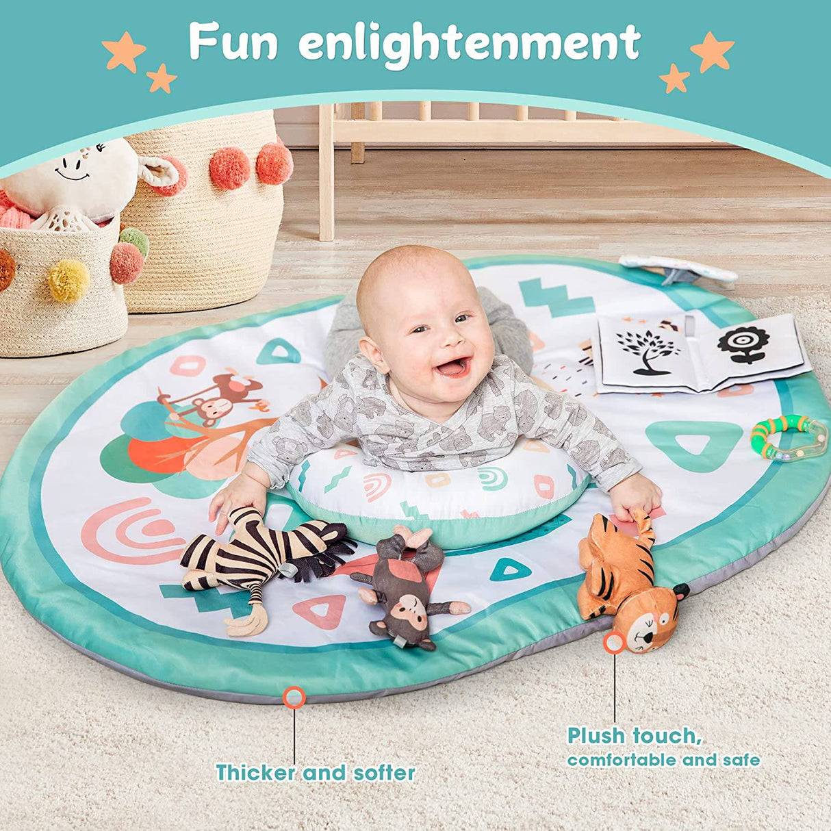 Kompoll Baby Play Gym 7 en 1 Baby Activity Gym Mat 0-12 meses con 2 fundas lavables con 6 juguetes antideslizante Playmat Baby Tummy Time Mat para exploración sensorial temprana y desarrollo de habilidades motoras (blanco) - DIGVICE MX