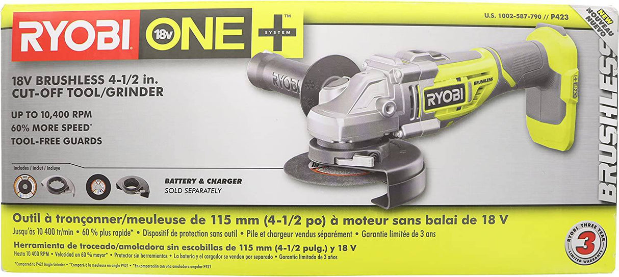 Ryobi P423 18V One+ sin escobillas 4-1/2" 10,400 RPM Amoladora y cortador de metal con mango lateral ajustable de 3 posiciones y llave inglesa integrada (batería no incluida, solo herramienta eléctrica) - DIGVICE MX
