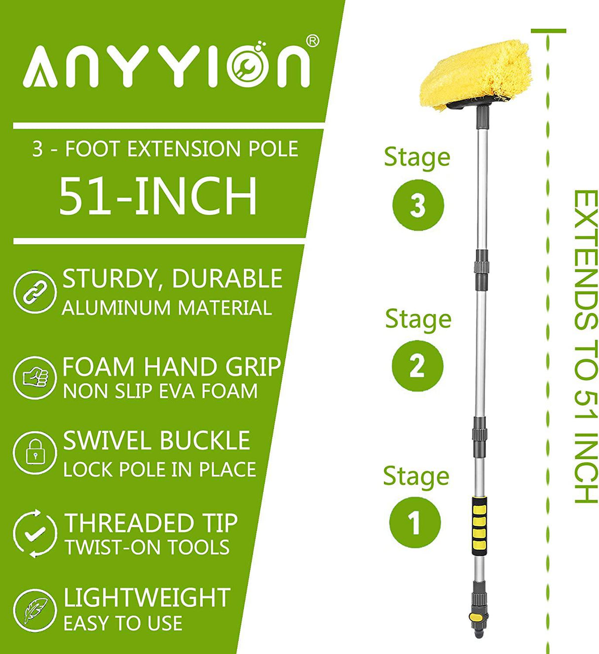 Anyyion Cepillo de lavado de autos de 51 pulgadas con cerdas suaves de 10 pulgadas, interruptor de encendido/apagado para el cepillo de lavado de autos, camiones, barcos, perfecto para limpiar el revestimiento de la casa, autos, camiones, SUV
