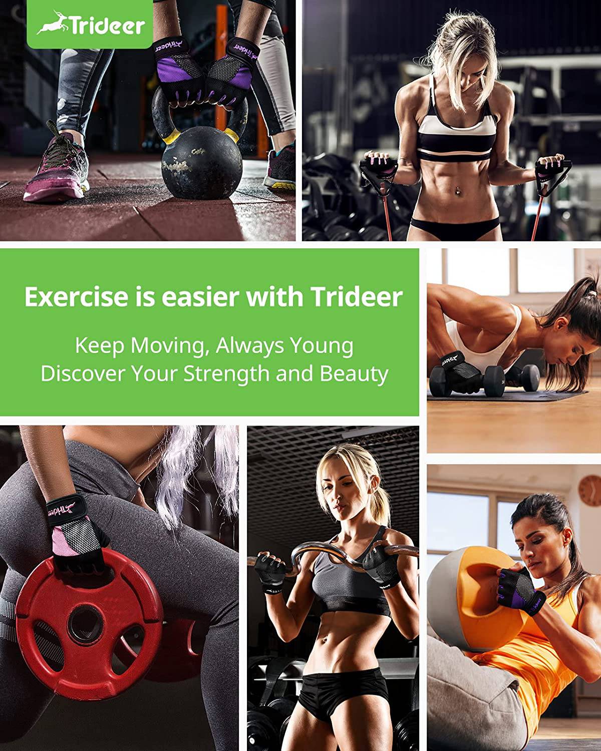 Trideer - Guantes de entrenamiento ligeros y transpirables para mujer - Guantes de levantamiento de pesas sin dedos