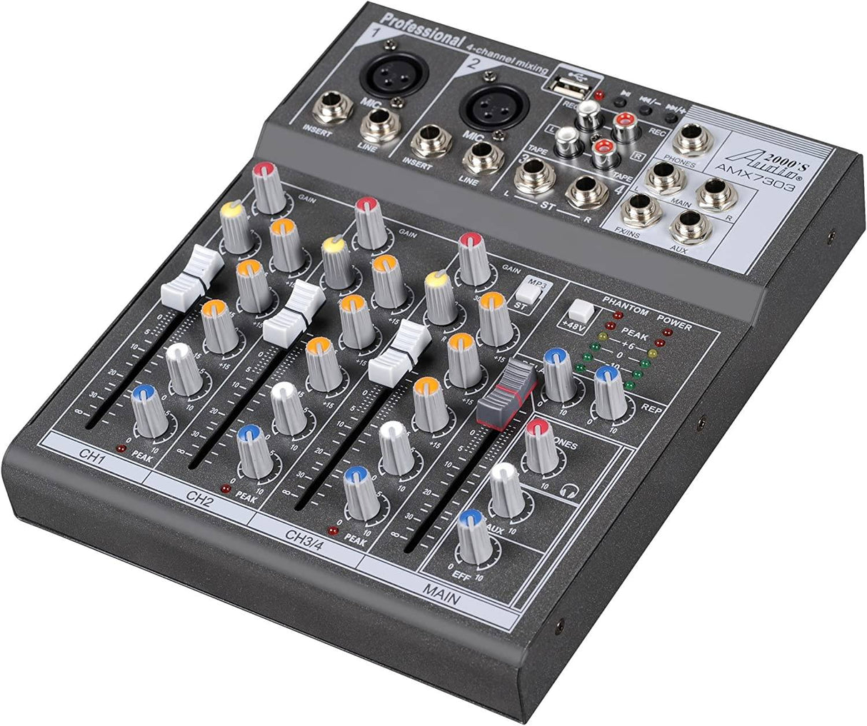 Audio2000'S AMX7303 Mezclador de audio profesional de cuatro canales con USB y procesador DSP