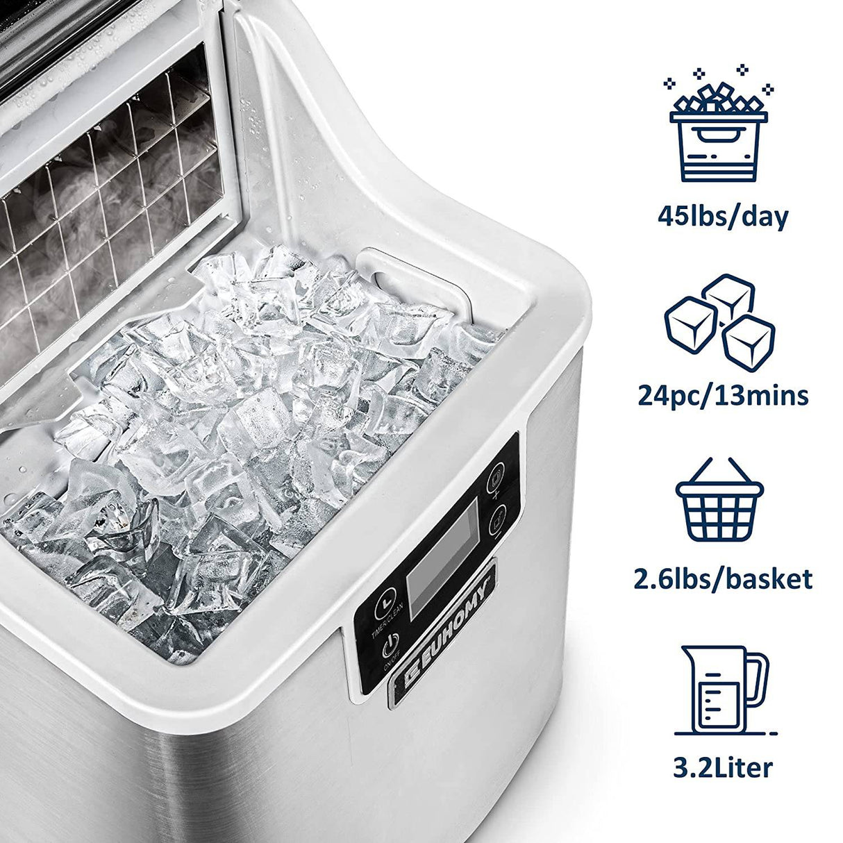Euhomy - Encimera de máquina para hacer hielo, 45 libras/24 horas y 24 cubos listos en 13 minutos, portátil compacto para cubitos de hielo, con cuchara y cesta - DIGVICE MX