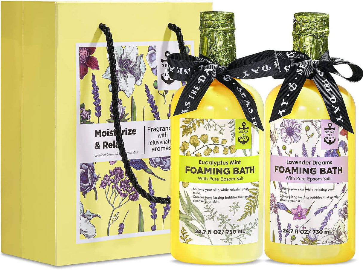 Seas the Day - Baño de burbujas para mujeres, baño espumoso de 49.4 fl oz con sal pura de Epsom, aroma de lavanda y menta de eucalipto, paquete de 2 24.7 fl oz