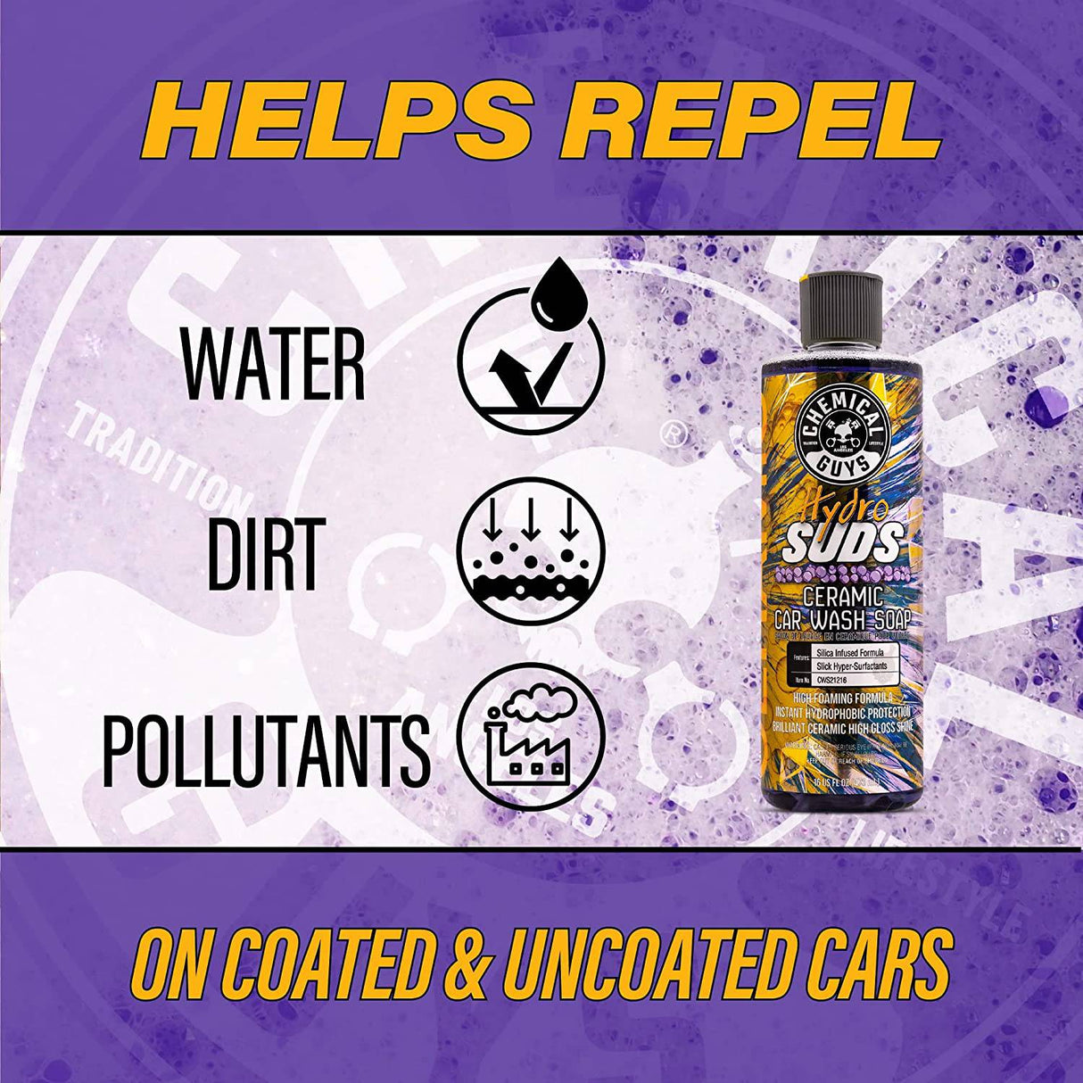 Chemical Guys CWS21216 HydroSuds Ceramic SiO2 Shine Jabón de lavado de autos de alta espuma (funciona con cañones de espuma, pistolas de espuma o lavados de cubos) 16 fl oz, aroma a bayas