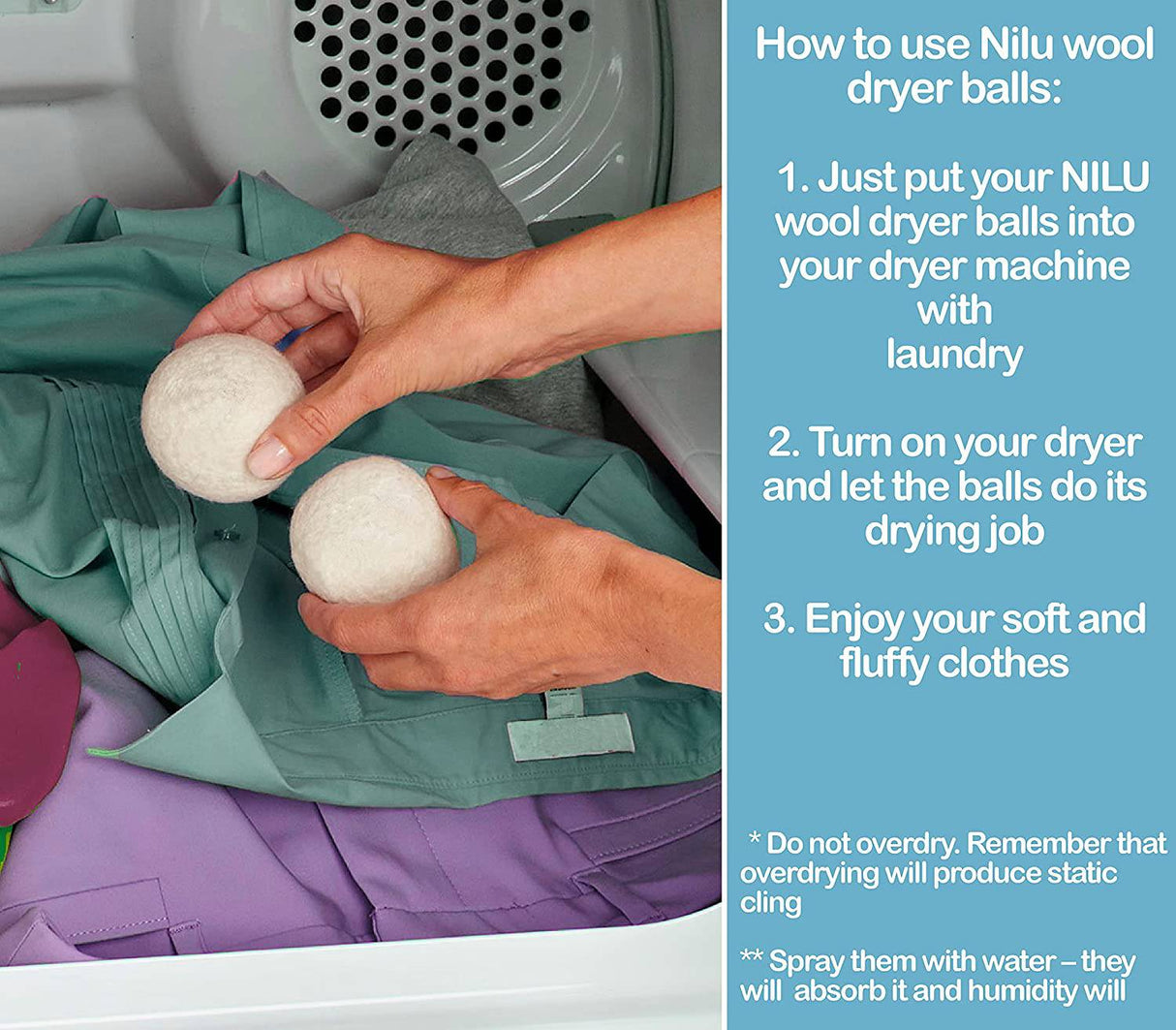 Nilu Bolas de lana para secadora, paquete de 6, tamaño XL, reutilizables, 100 % orgánicas de lana de cordero de Nueva Zelanda de primera calidad, suavizante de tela natural para la colada, reduce las arrugas y antiestático, hipoalergénico, sin químicos - DIGVICE MX