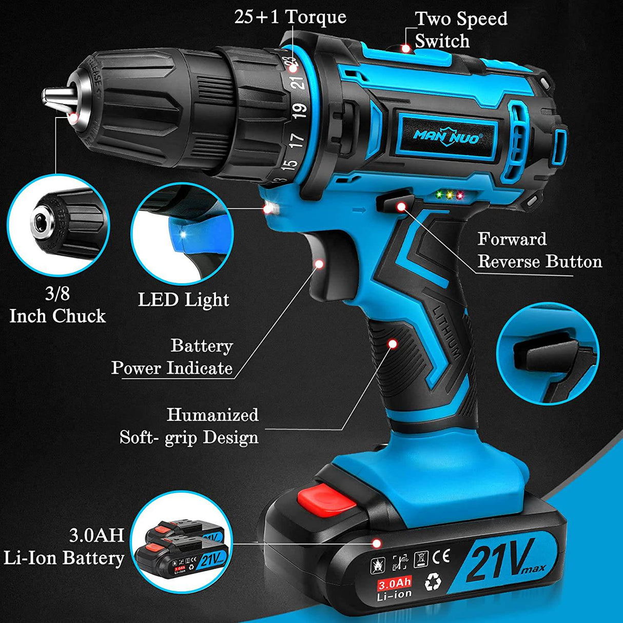 AGMBOK -Juego de taladro inalámbrico de 21 V con batería de 3000 mAh y cargador rápido, juego de herramientas eléctricas de 117 piezas con taladro eléctrico - DIGVICE MX