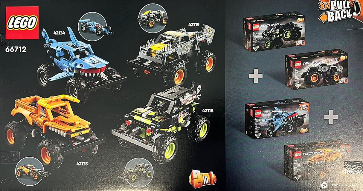 LEGO Technic Monster Jam Collection 66712 2-in-1 Pull Back Toy, Megalodon, Grave Digger, El Toro Loco and Max-D Monster Trucks  949 Pieces