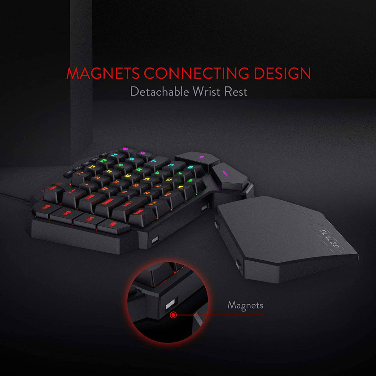 Redragon K585 DITI Teclado mecánico para juegos RGB con una sola mano, teclado para juegos profesional tipo C con 7 teclas macro integradas, reposamuñecas desmontable, 42 teclas (interruptor negro-azul)