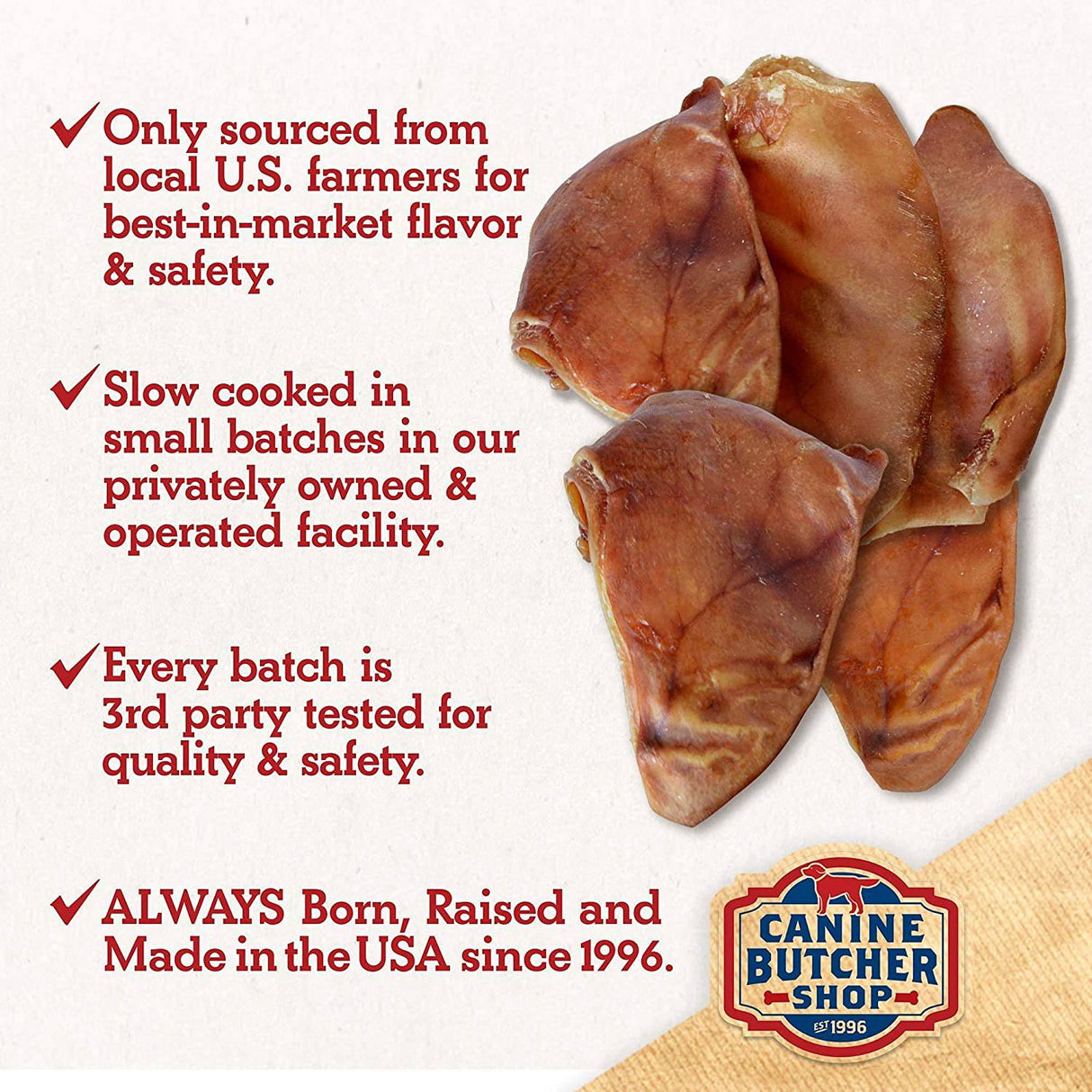 CANINE BUTCHER - Criada y fabricada en EE. UU. Orejas de cerdo para perros, golosina masticable de cerdo totalmente natural y digerible - DIGVICE MX
