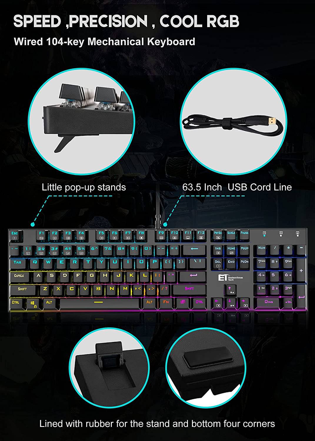 MIQ - Teclado mecánico para juegos, teclado RGB con cable de 104 teclas con interruptor azul, retroiluminación RGB programable para PC para juegos con Windows