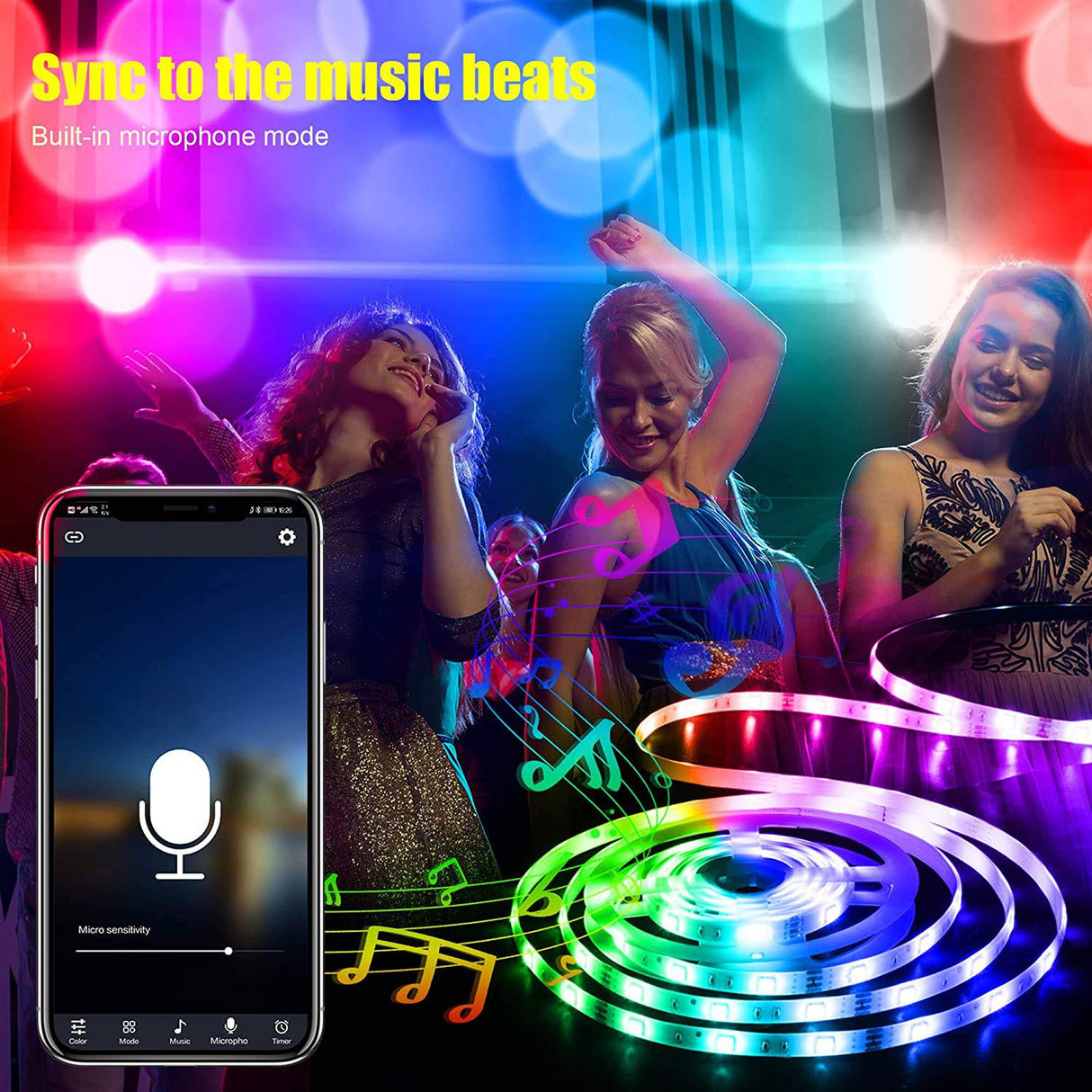 MAYLIT Tira de luces LED, controlador de aplicaciones Bluetooth de 32.8 pies, tira de luces LED RGB, 5050 LED, sincronización de música, cambio de color, kit de luces LED con mando a distancia y fuente de alimentación de 12 V - DIGVICE MX