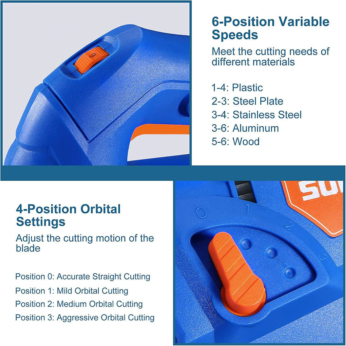 Sierra de calar SORAKO, herramienta de 5,0 amperios con 6 velocidades variables, 4 juegos orbitales, corte biselado: ±45°, profundidad máxima de corte de 2-3/8 pulgadas para madera, 800-3000SPM, con cable con 2 cuchillas y regla de escala - DIGVICE MX