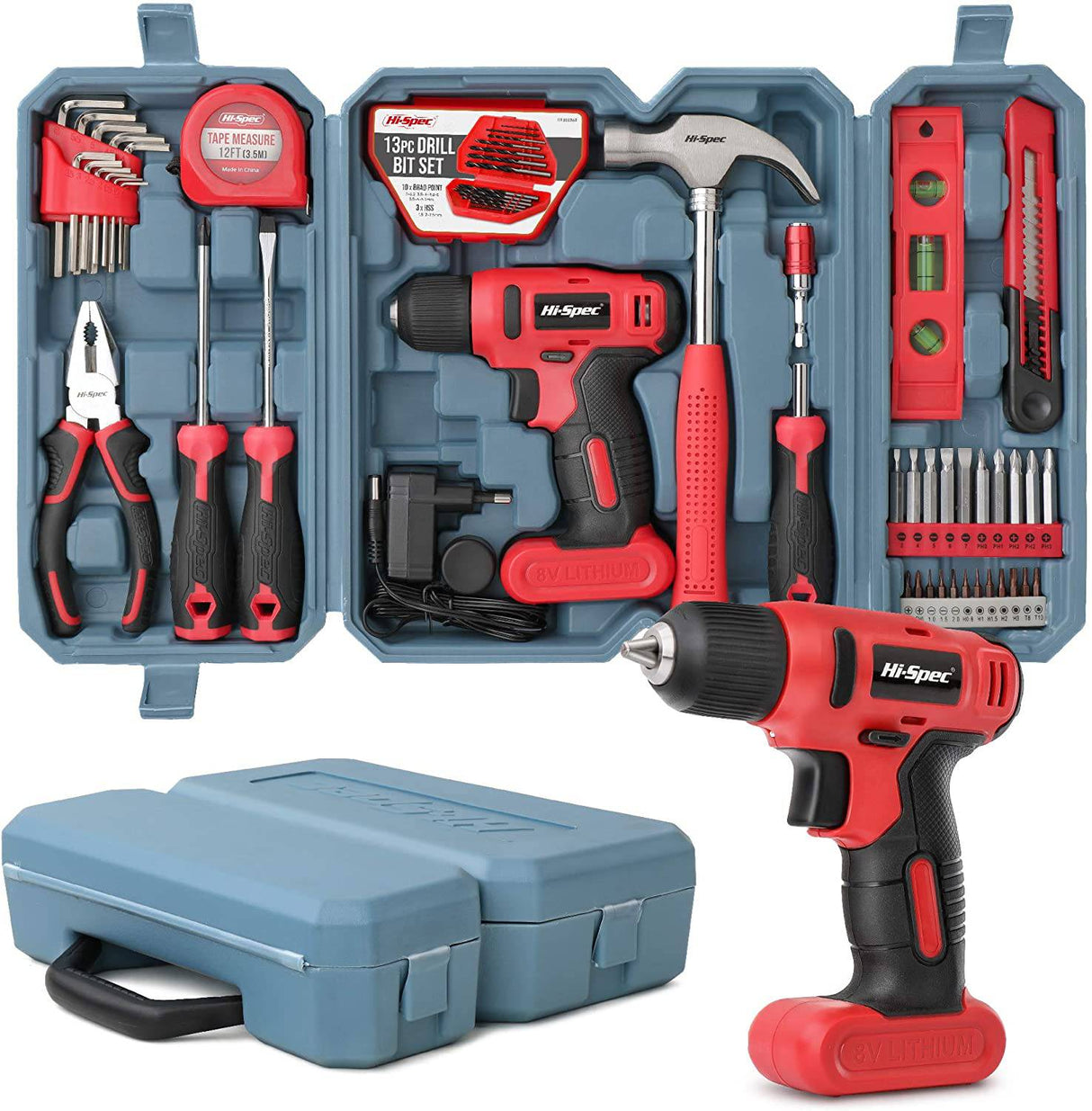 Kit Hi-Spec de 58 piezas con destornillador eléctrico de 8 V Power Drill y kit de herramientas de trabajo manual, color rojo Ligero, inalámbrico y recargable Juego completo en caja de herramientas de mano - DIGVICE MX
