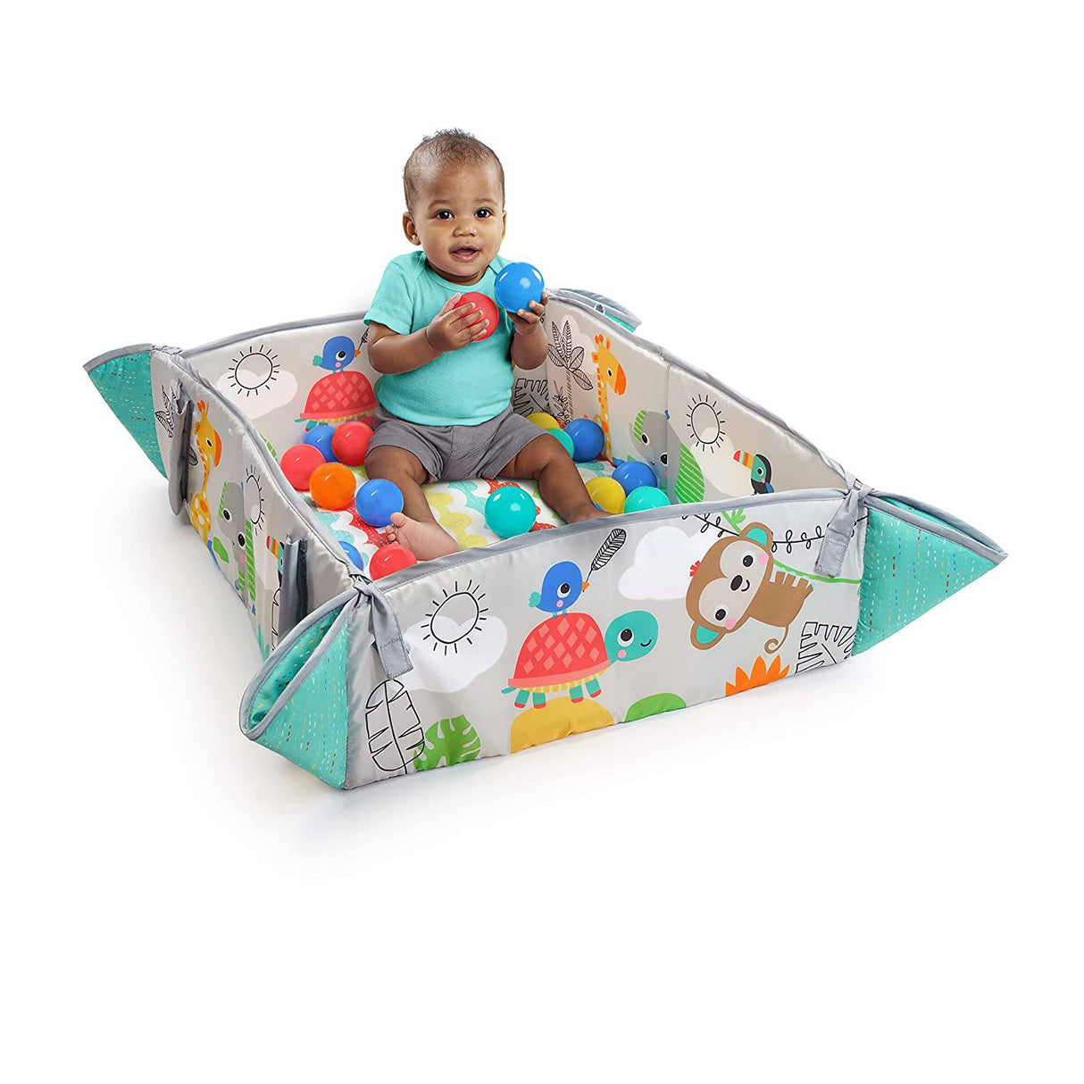 Bright Starts 5 en 1 Your Way Ball Play - Alfombra de juego gigante que se convierte en gimnasio para bebés Ball Pit, recién nacido a niño pequeño - Totalmente tropical (verde) - DIGVICE MX