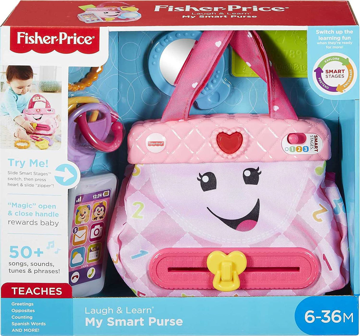Fisher-Price Smart Purse Juguete de aprendizaje con luces, contenido educativo Smart Stages para bebés y niños pequeños - GMM68