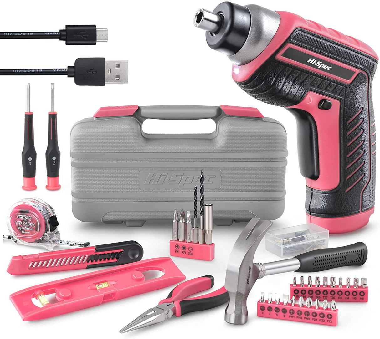 Juego de herramientas eléctricas inalámbricas de alta especificación, 35 piezas, pequeño, esencial, rosa, 3,6 V, destornillador de alimentación USB y kit de herramientas manuales - DIGVICE MX