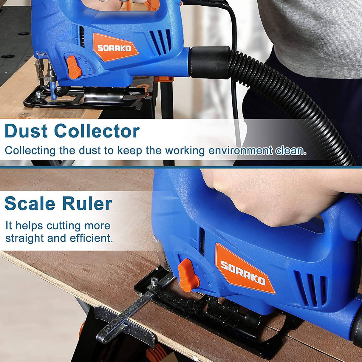 Sierra de calar SORAKO, herramienta de 5,0 amperios con 6 velocidades variables, 4 juegos orbitales, corte biselado: ±45°, profundidad máxima de corte de 2-3/8 pulgadas para madera, 800-3000SPM, con cable con 2 cuchillas y regla de escala - DIGVICE MX