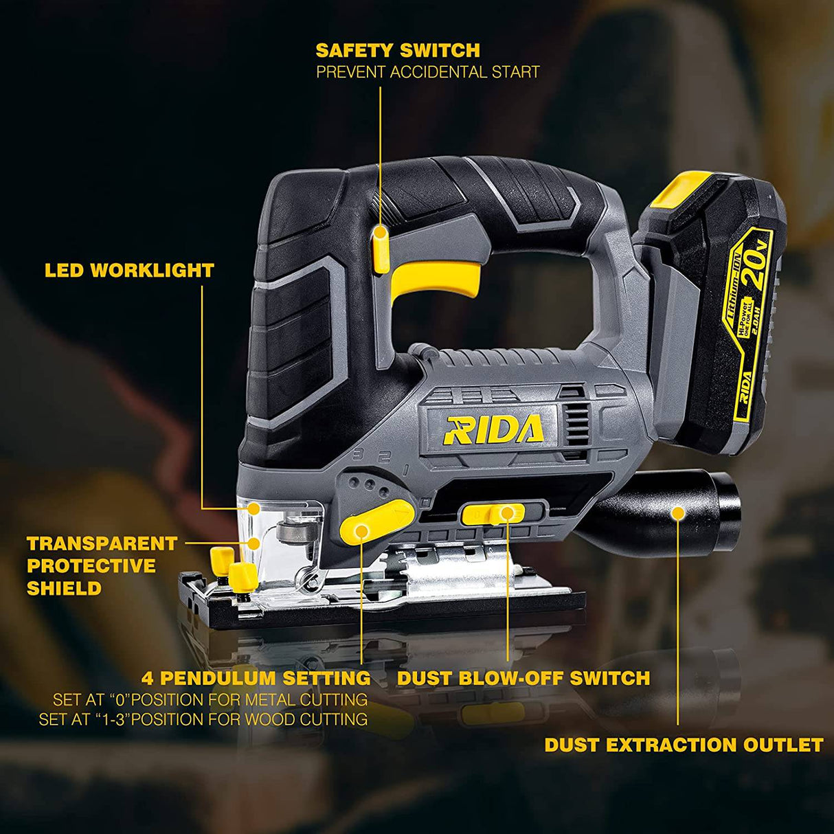 Sierra caladora inalámbrica RIDA de 20 V máx. con luz LED, sierras caladoras eléctricas de 0 a 2700 SPM, velocidad ajustable, orbital de 4 posiciones, bisel de ±45°, 4 cuchillas, batería de iones de litio de 2,0 Ah y cargador rapido - DIGVICE MX