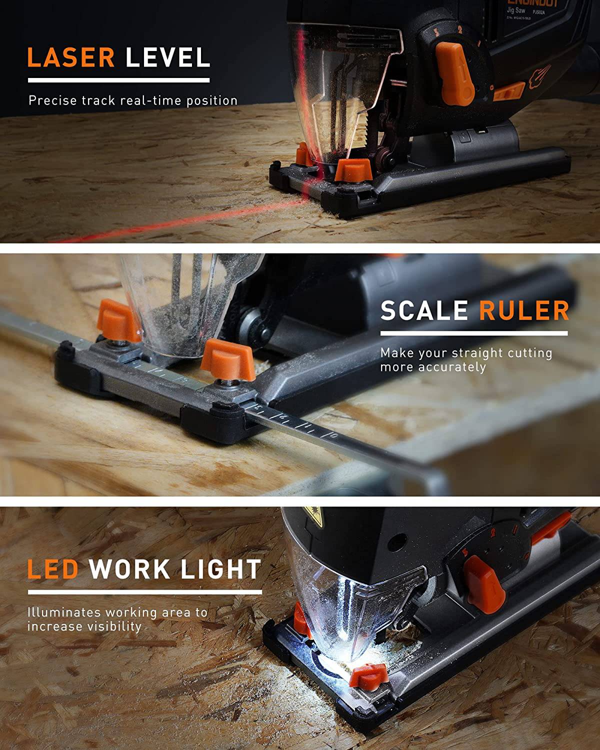 Sierra caladora ENGiNDOT de 6,7 amperios, 6 velocidades variables (800-3000 SPM) de 800 W con láser y LED, 4 juegos orbitales, 6 cuchillas, corte biselado de 45°, regla de escala, soplado de polvo para corte de madera, metal y plástico - DIGVICE MX