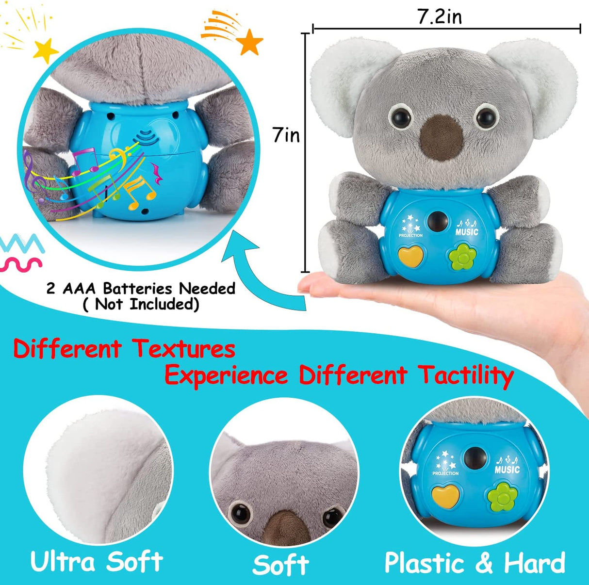 Qirptey - 3 en 1 Koala de peluche Juguetes musicales para bebés Proyector de estrellas - B0BCF26CFB
