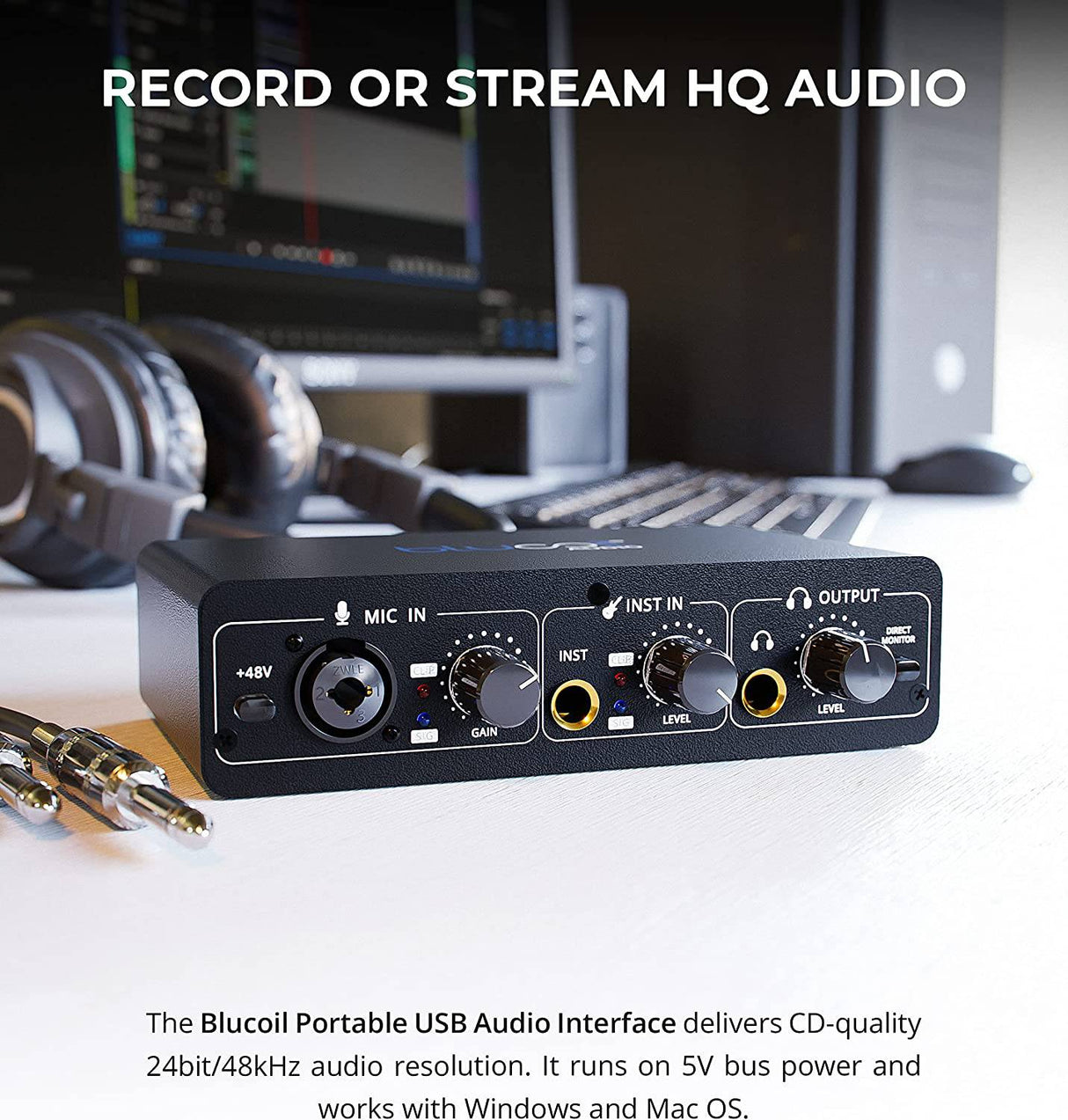 Blucoil - Interfaz de audio USB portátil con alimentación fantasma de 48 V, alimentación de bus USB, monitoreo directo de baja latencia para grabación de estudio en casa, transmisión, juegos y podcasting en Windows y Mac