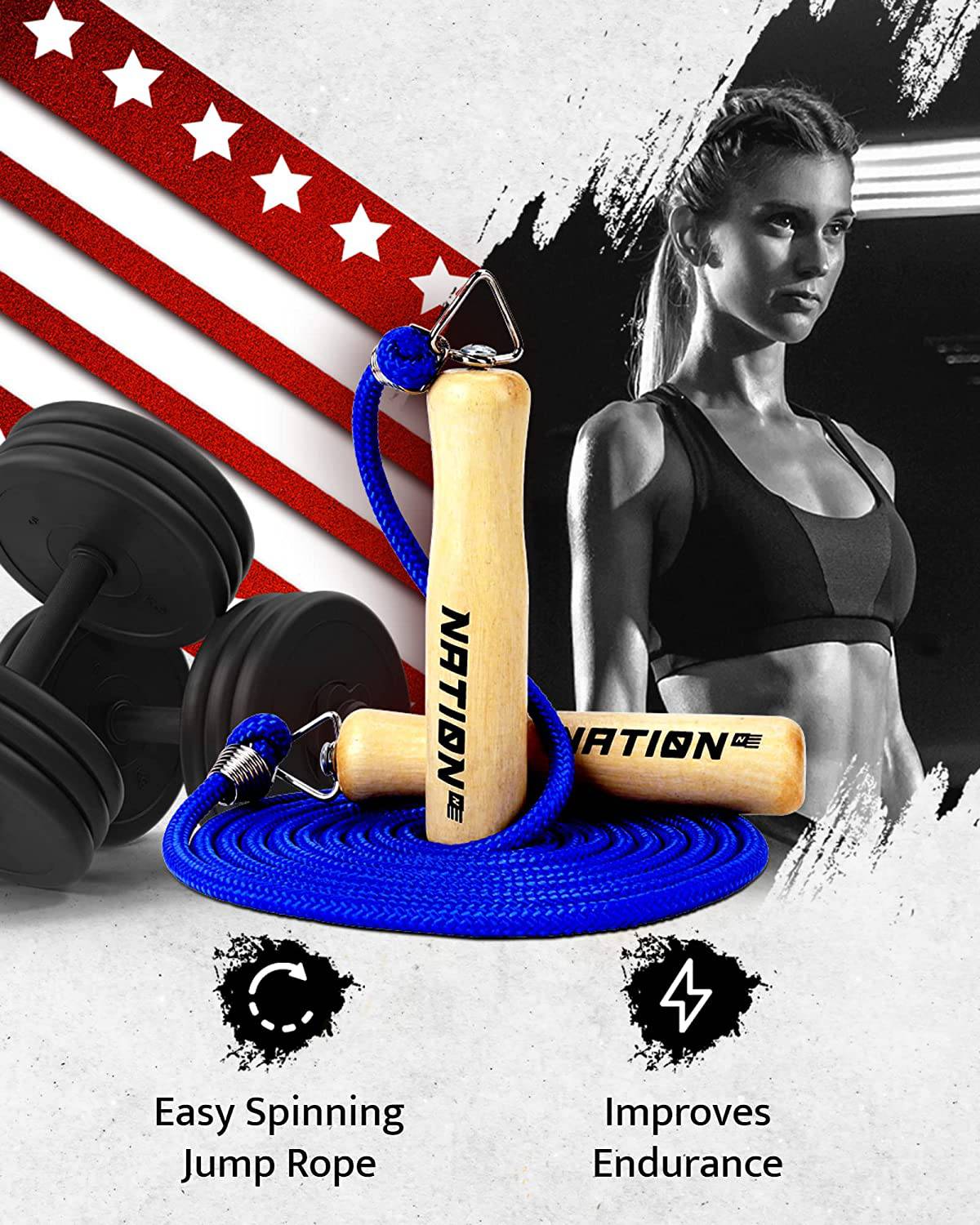 WOD Nation - Cuerda de saltar de algodón con mango de madera, cuerda de saltar larga ajustable para hombres, mujeres y niños
