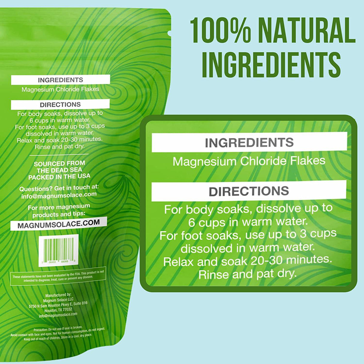 Magnum Solace - Copos de magnesio para remojo de baño - Sales de baño para aliviar el dolor - Sal del mar muerto - Sal de baño - Enorme 10 LBS de sales del mar muerto para remojo