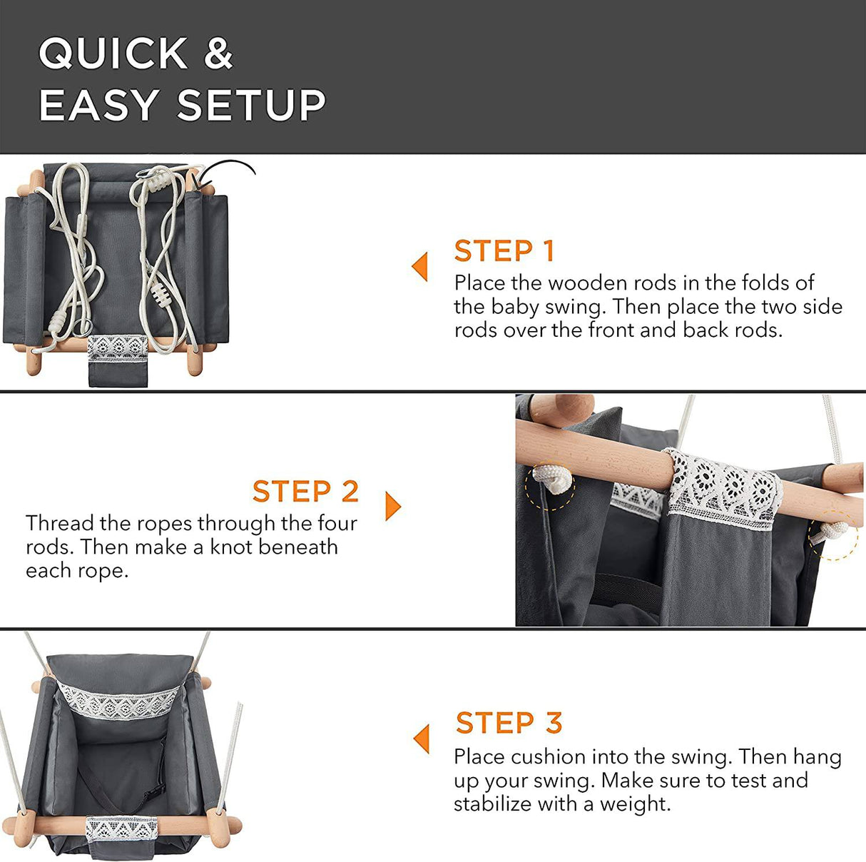 SUNDAYZE - Asiento columpio seguro para bebé con cinturón de seguridad - Silla columpio de lona y madera para bebé con cojín decorativo de encaje - DIGVICE MX