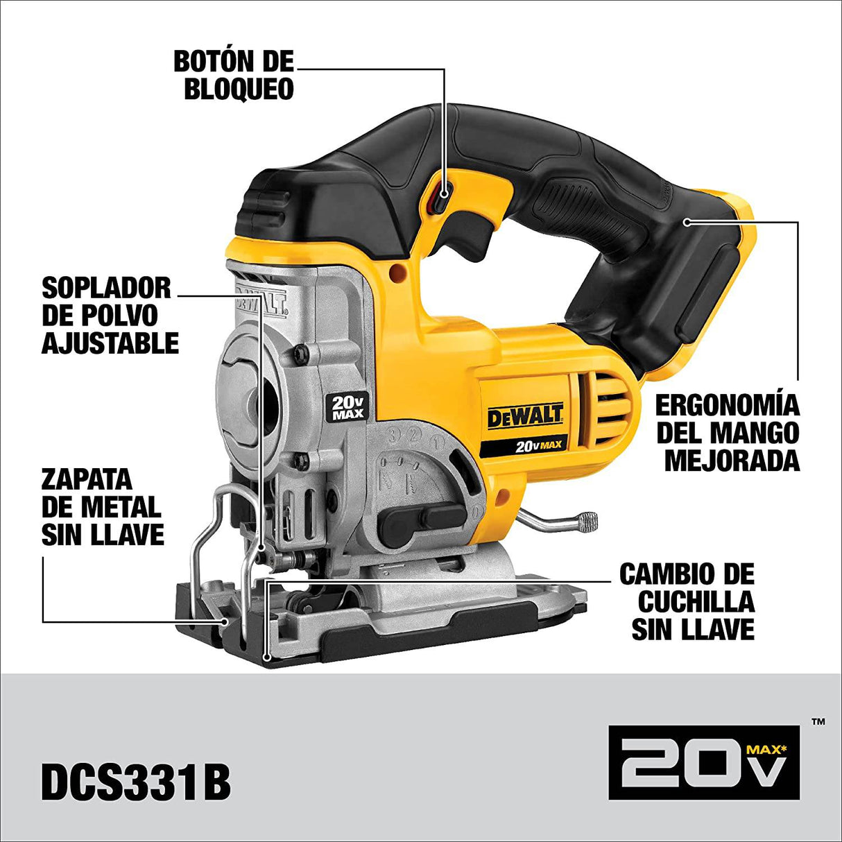 Sierra de plantilla DEWALT 20V MAX, solo herramienta (DCS331B), amarilla - DIGVICE MX
