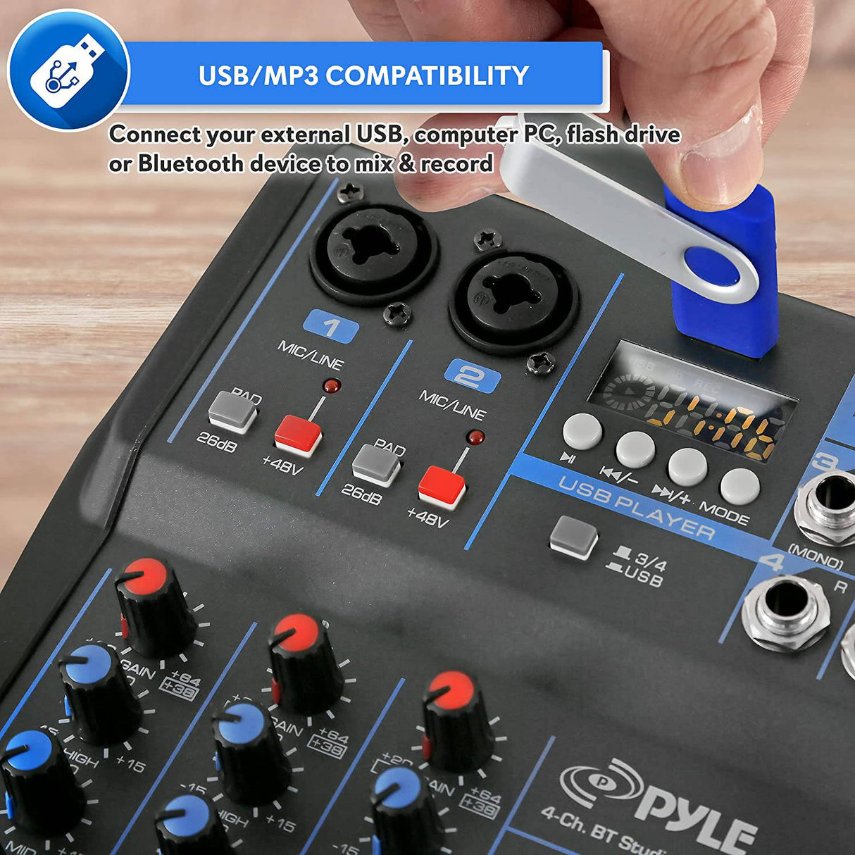 Pyle Mezclador de audio profesional Placa de sonido Interfaz de sistema de consola 4 canales Digital USB Bluetooth MP3 Entrada de computadora 48V Phantom Power Estéreo DJ Studio Streaming FX Procesador DSP de 16 bits-PMXU43BT