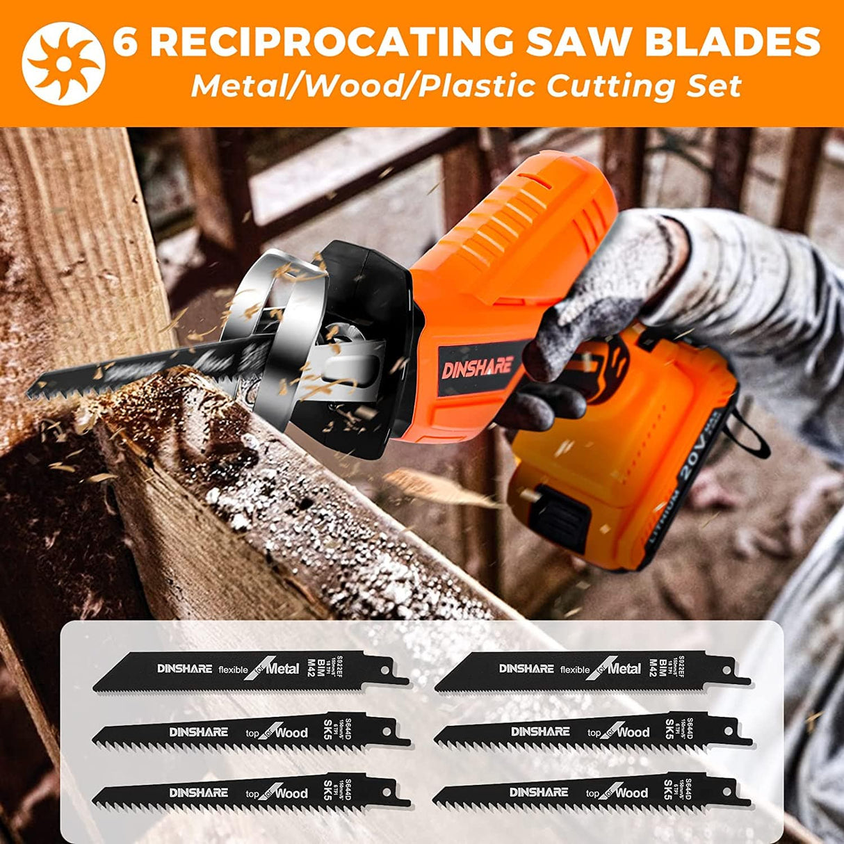 DINSHARE Sierra recíproca inalámbrica: alimentada por batería de 20 V 2,0 Ah con corte de alta eficiencia, cargador rápido de 45 minutos, 6 hojas de sierra, cambio de hoja sin herramientas, - DIGVICE MX