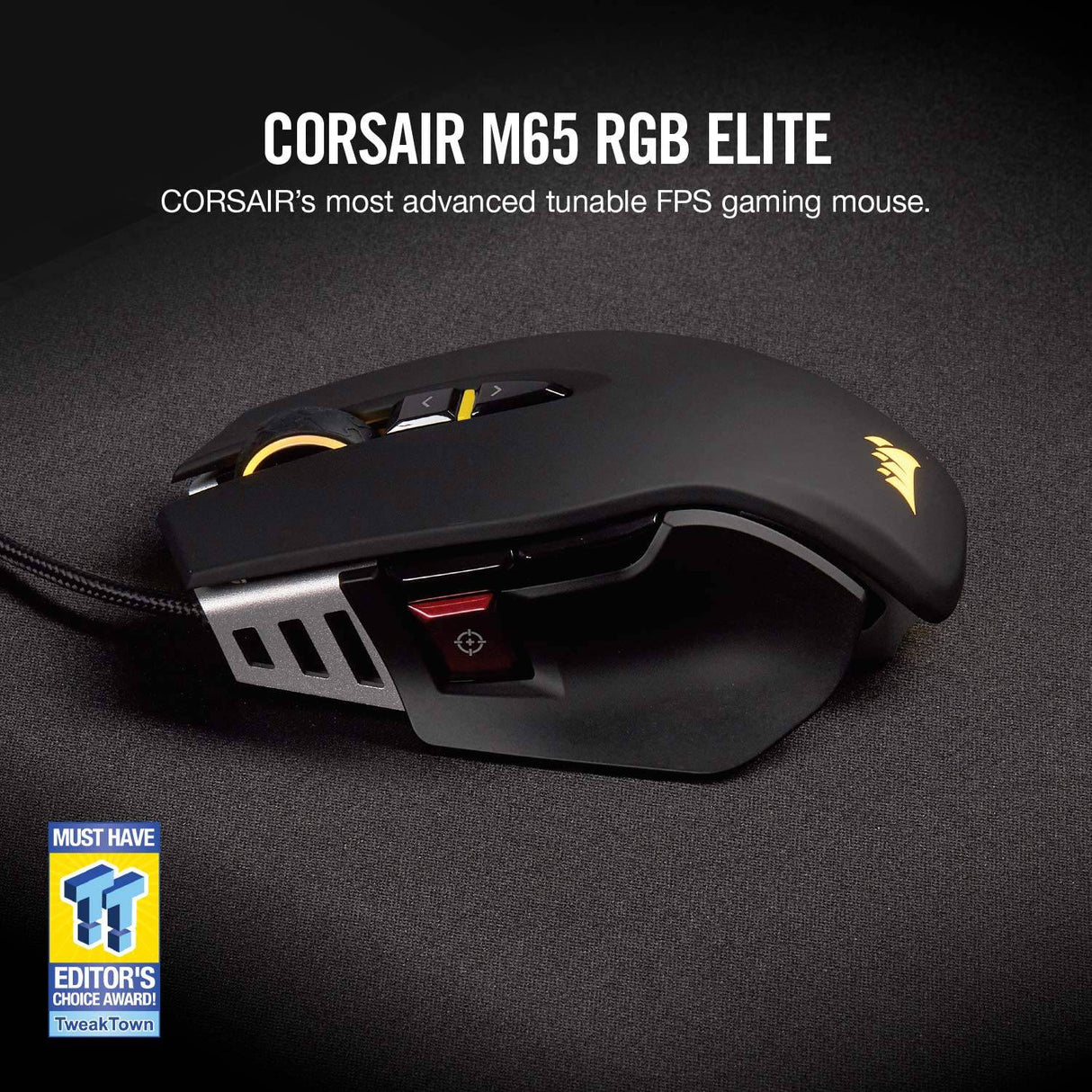 Corsair M65 RGB Elite - Ratón para juegos FPS y MOBA con cable - Peso y equilibrio ajustables - Marco de aluminio duradero - Sensor óptico de 18,000 DPI, negro