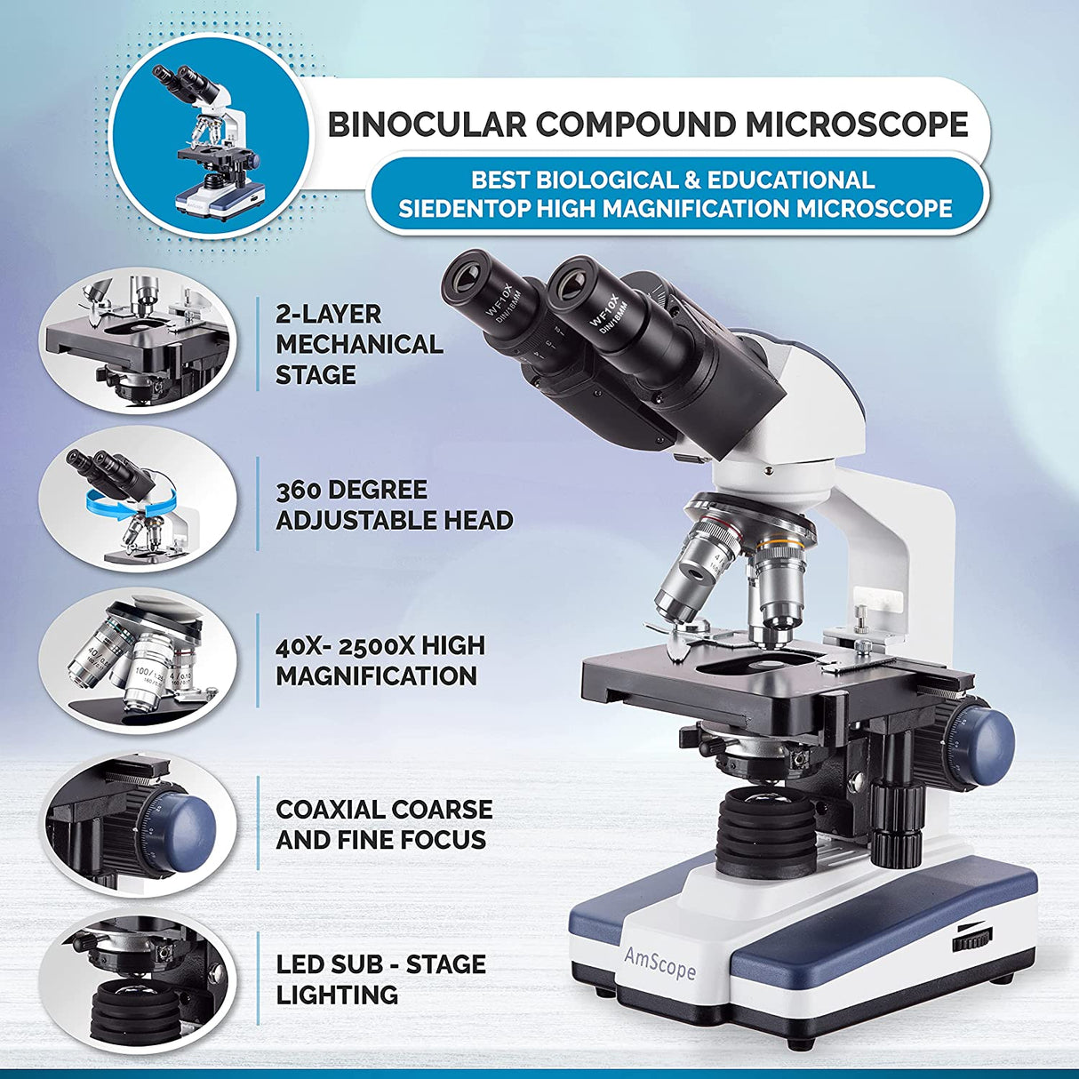 Microscopio compuesto binocular AmScope B120C Siedentopf 40X-2500X