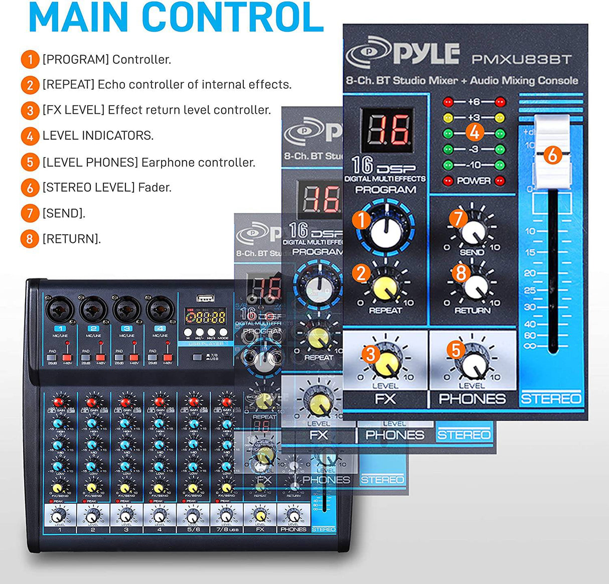 Pyle - Mezclador de audio profesional Placa de sonido Consola Interfaz 8 canales Digital USB Bluetooth MP3 Entrada de computadora 48V Phantom Power Estéreo DJ Studio FX 16Bit DSP Procesador PMXU83BT