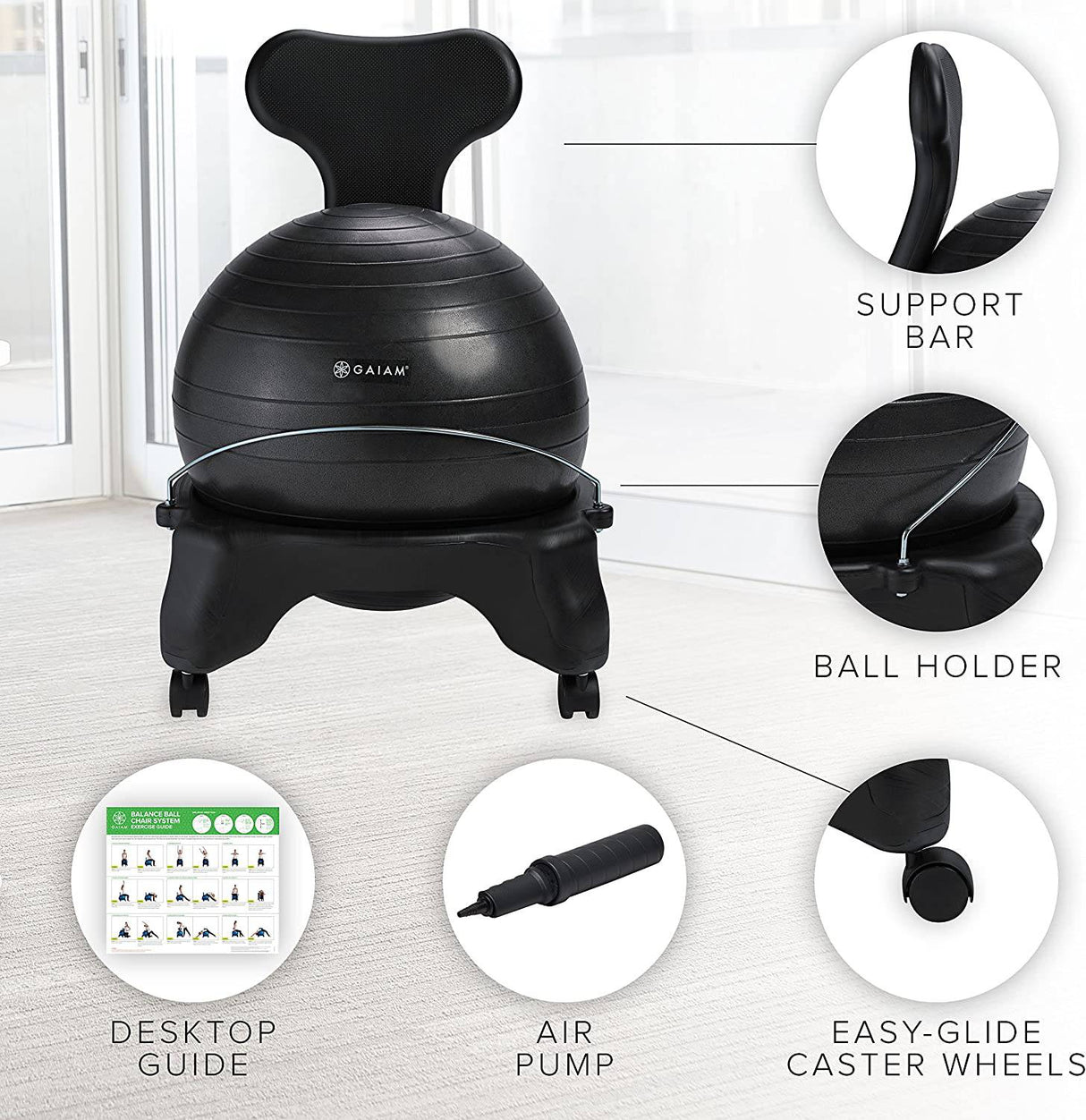 Gaiam Classic Balance Ball Chair - Silla ergonómica premium para el hogar y la oficina con bomba de aire, guía de ejercicios