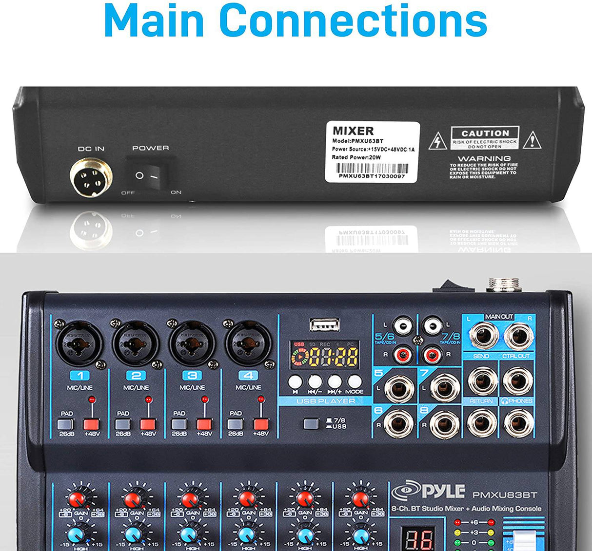 Pyle - Mezclador de audio profesional Placa de sonido Consola Interfaz 8 canales Digital USB Bluetooth MP3 Entrada de computadora 48V Phantom Power Estéreo DJ Studio FX 16Bit DSP Procesador PMXU83BT