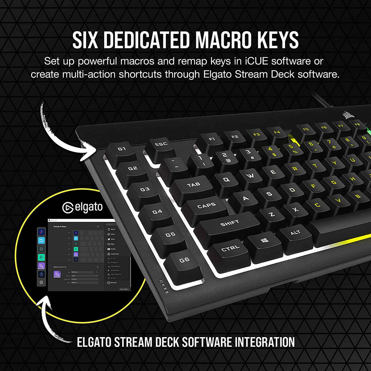 CORSAIR K55 RGB PRO-Dynamic RGB Retroiluminación - Seis teclas macro con integración de software Elgato Stream Deck - IP42 resistente al polvo y derrames - Reposamanos desmontable - Teclas de volumen y medios dedicados, negro