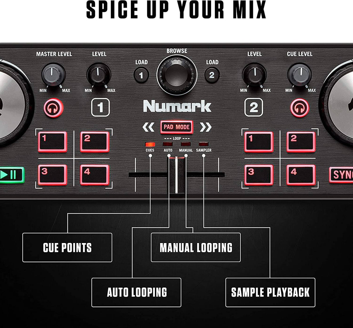 Numark DJ2GO2 Touch - Controlador de DJ USB compacto de 2 decks para Serato DJ con mezclador/crossfader, interfaz de audio y jog wheels táctiles capacitivos
