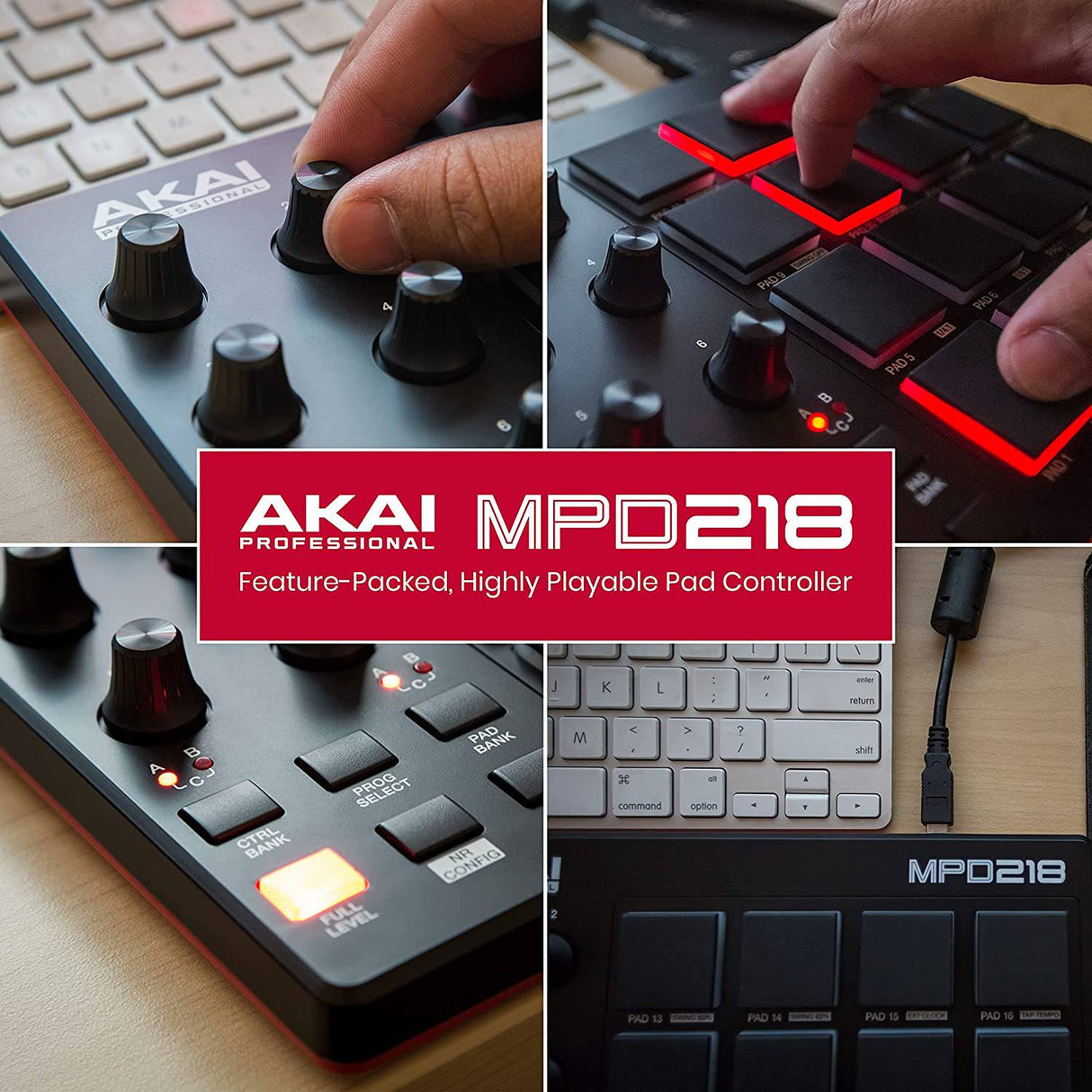 AKAI Professional MPD218 - Controlador MIDI USB con 16 pads de batería MPC, 6 perillas asignables, botones de nivel completo y repetición de notas y software de producción