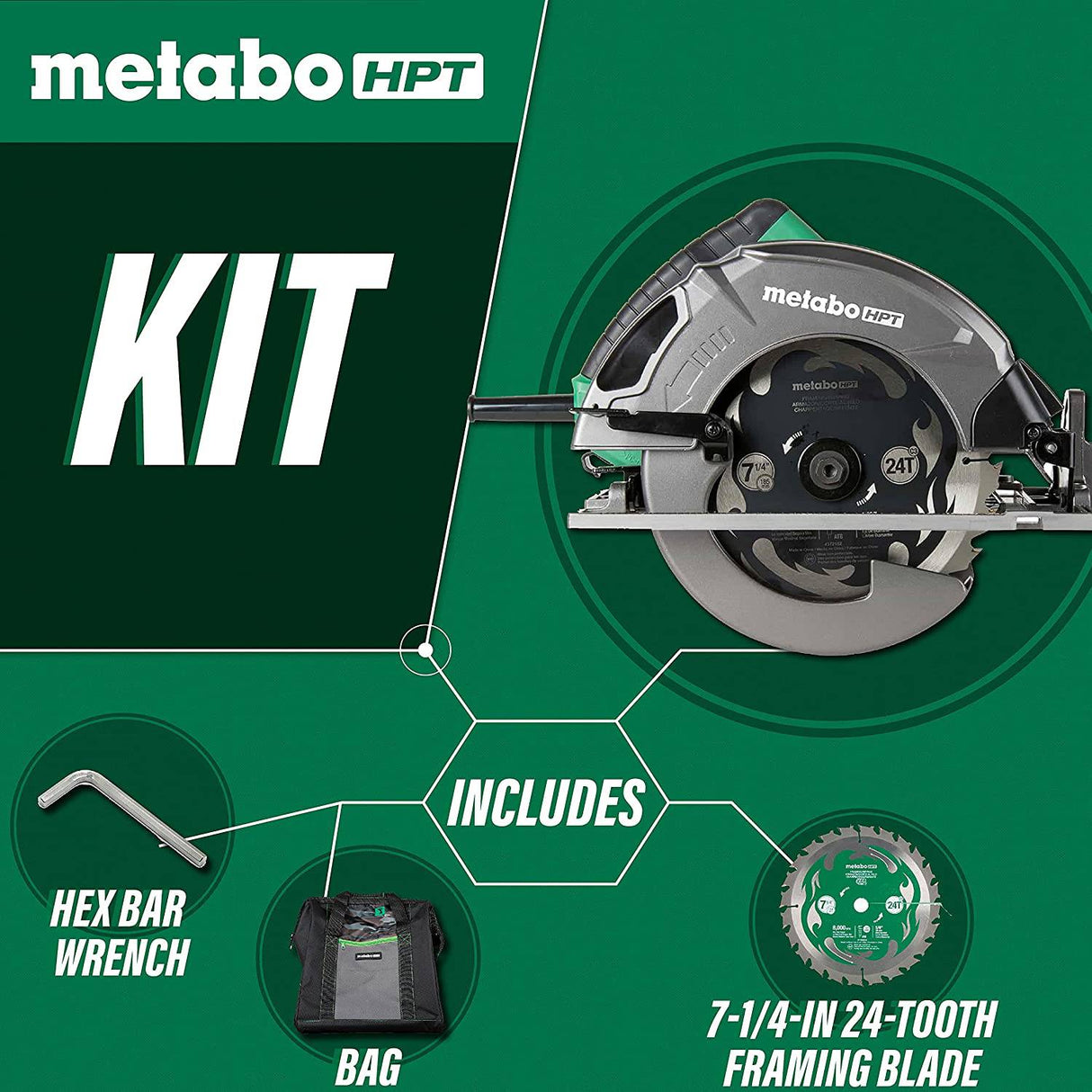 Kit de sierra circular Metabo HPT de 7-1/4 pulgadas | 6000 rpm, motor de 15 amperios | Soplador de polvo integrado | Hoja premium para enmarcar/desgarrar 24T | Ajuste de bisel con una sola mano | C7SB3 - DIGVICE MX